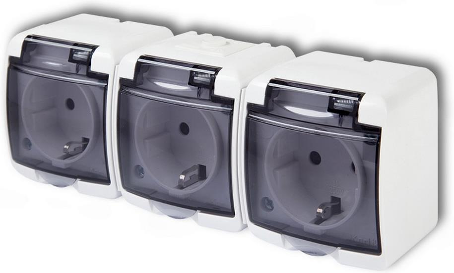 Контакт шуко ТРОЕН открит монтаж IP44 с ПРОЗРАЧЕН капак серия Karlik GAO