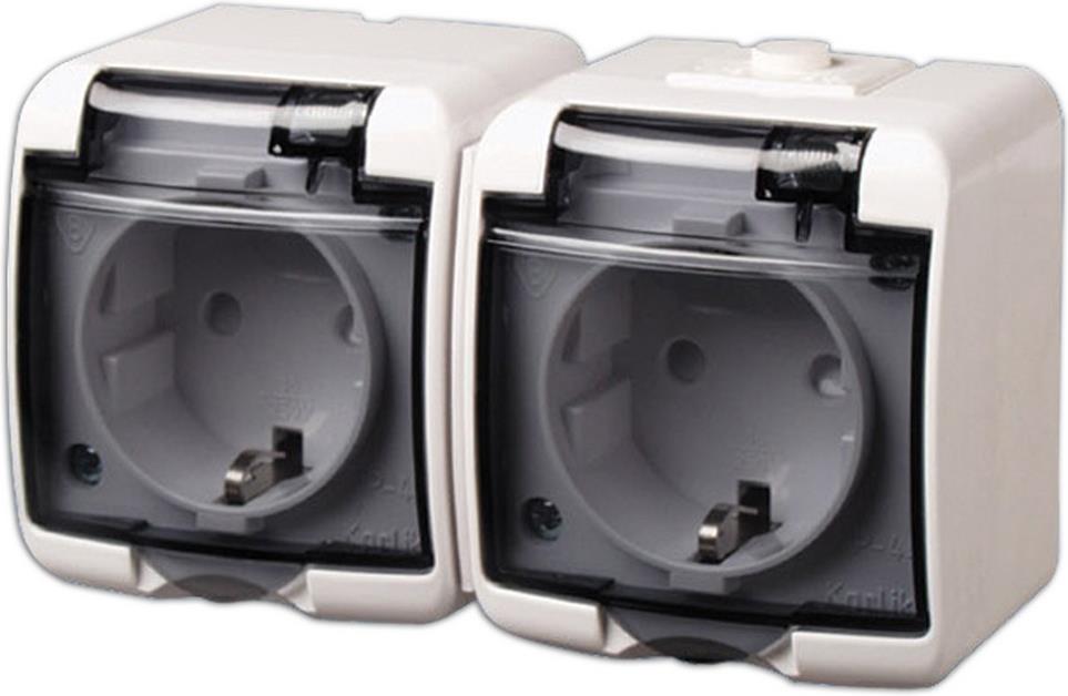 Контакт шуко ДВОЕН открит монтаж IP44 с ПРОЗРАЧЕН капак серия Karlik GAO