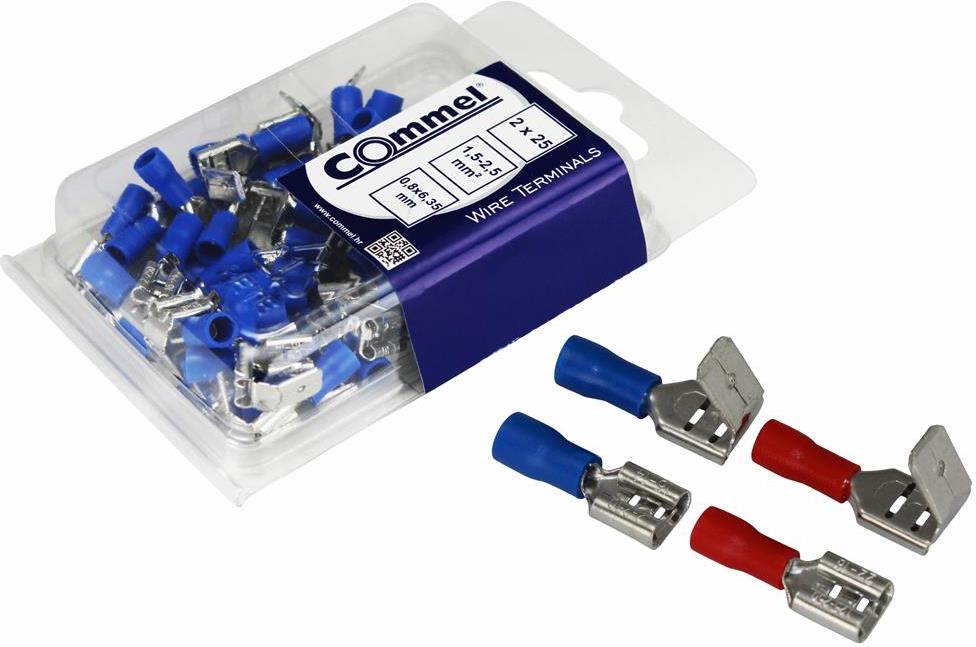 Кабелна обувка мъжка/женска+женска за кабел 1.5-2.5мм2 с размер 0.8х6.35мм в блистер 25+25 бр. Commel