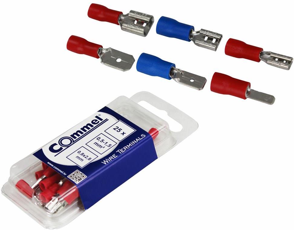 Кабелна обувка мъжка+женска за кабел 0.5-1.5мм2 с размер 0.8х6.35мм в блистер 10+10 бр. Commel
