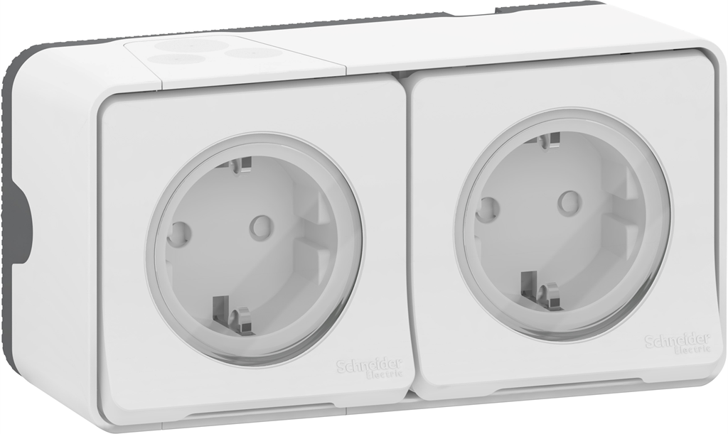 Контакт шуко ДВОЕН 16А с детска защита моноблок IP55 автоматични клеми цвят Бял Mureva SE