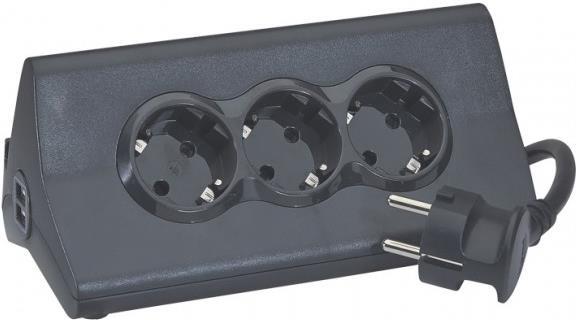 Разклонител ЧЕРЕН 3х2P+Е с кабел 1.5 метра, копче, 2xUSB тип А 2.4A 12W и поставка за таблет Corner Legrand /до изчерпване/