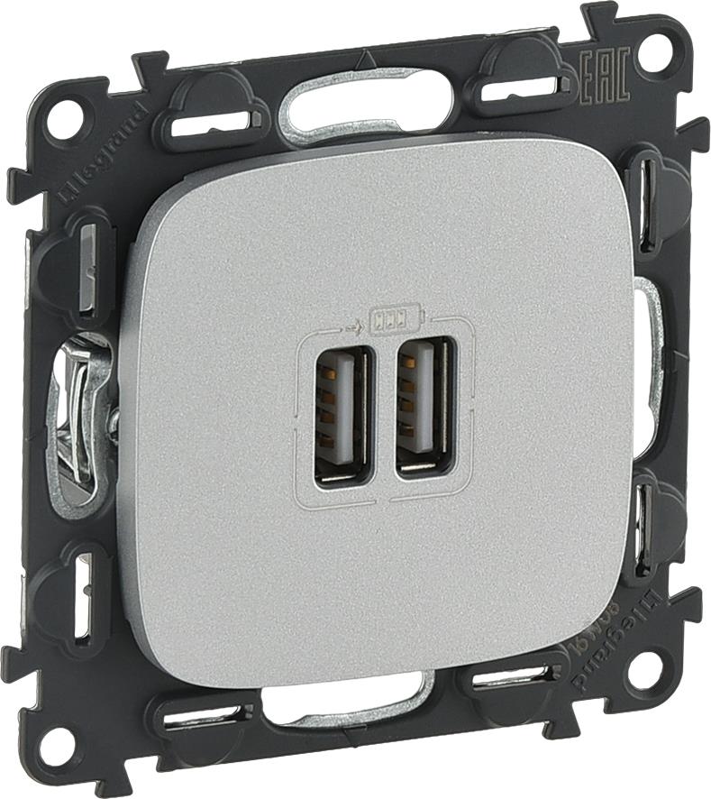 Розетка 2хUSB за зареждане тип A 2.4A 12W цвят Алуминий Valena Allure (комплект с механизъм) Legrand