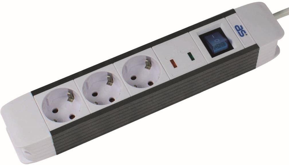 Разклонител със защита и синьо копче черен 3 гнезда 1.5 метра /1.5мм2 прозрачен блистер AS Schwabe