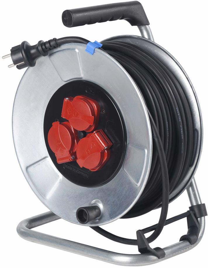 Макара метална 25м H05RR-F 3G1,5mm2 IP44 термична защита 3 шуко с капак и водач на кабела AS Schwabe