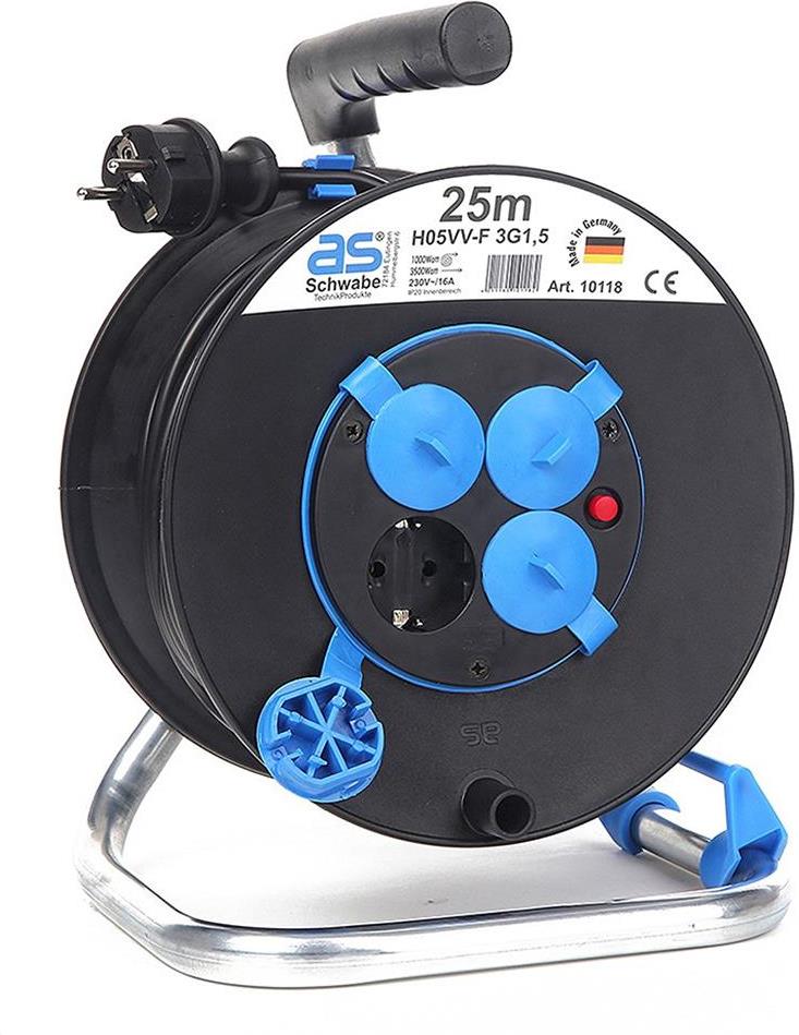 Макара 25м H05VV-F 3G1.5mm2 термична защита 4 шуко с капак и водач на кабела AS Schwabe