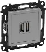 Розетка 2хUSB за зареждане тип A 2.4A 12W цвят Aлуминий Valena Life Legrand