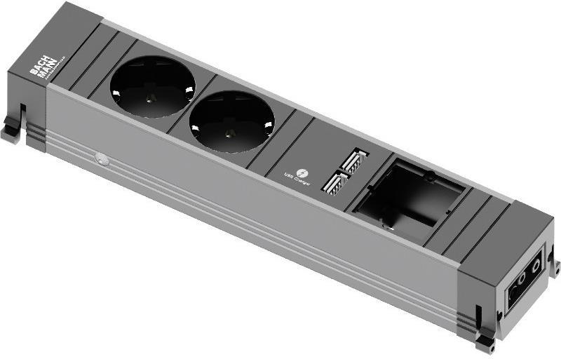 Модул за TOP FRAME или CONFERENCE 4M с 2х Шуко, USB тип A+A и 1х празен модул, цвят Черен, Bachmann