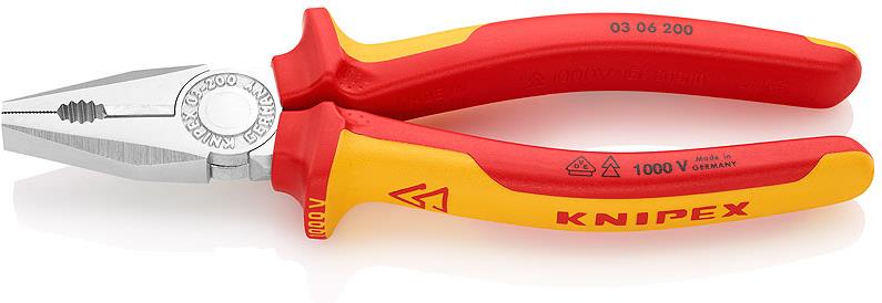 Комбинирани клещи, хромирани, VDE 1000V жълто-червена ръкохватка 200мм, Knipex
