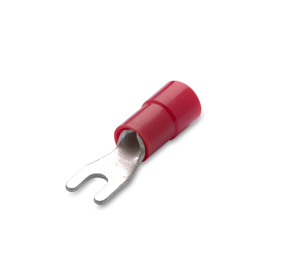 Изолирана кабелна обувка тип вилица 0,25-1,5мм2 с диаметър на винта 5мм червена /100бр. пакет/ 300V BM