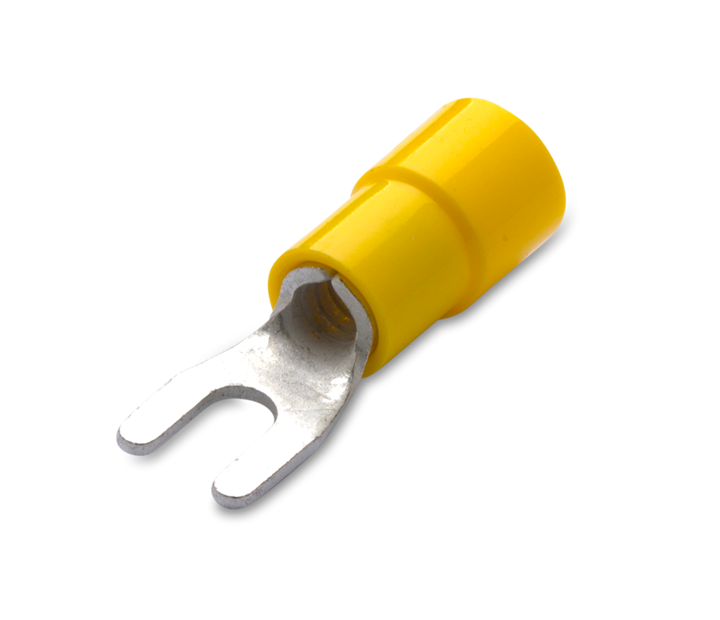 Изолирана кабелна обувка тип вилица 4-6мм2 с диаметър на винта 8мм жълта /50бр. пакет/ 300V BM