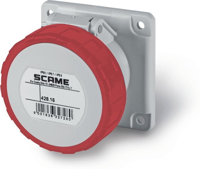 Промишлен контакт 3P+N+Е 16A IP67/69 ПРАВ серия Optima панелен монтаж 75х75мм Scame