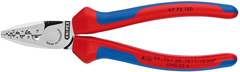 Клещи за кримпване на кабелни накрайници 0.25-16мм2, синьо-червена ръкохватка 180мм, Knipex