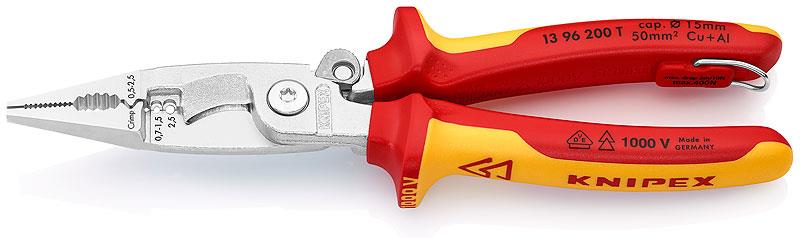 Клещи инсталаторски, хромирани, VDE 1000V жълто-червена ръкохватка 200мм, с фиксатор и скоба за захващане, Knipex
