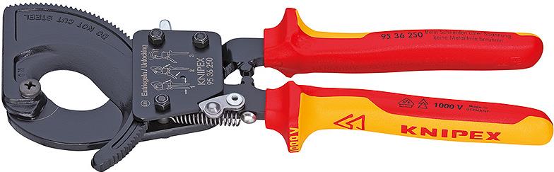 Ножици за рязане на кабел до 240мм2, VDE 1000V жълто-червена ръкохватка 250мм, с отваряща пружина, Knipex