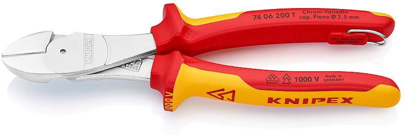 Клещи диагонални резачки усилени, хромирани, VDE 1000V жълто-червена ръкохватка 200мм, със скоба за захващане Knipex