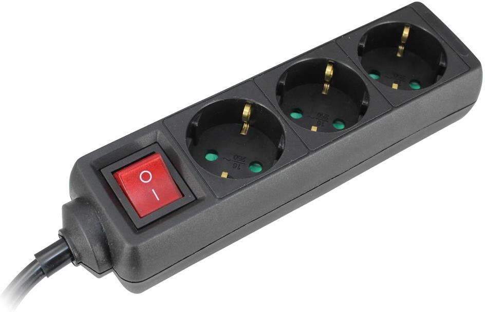 Разклонител с копче ЧЕРЕН 3x2P+E с кабел 1.4 метра / 1.0mm2 Commel