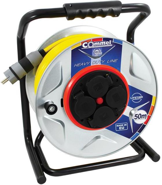 Макара метална 50м IP44 AT N07V3V3-F 3G1.5mm2 жълт термична защита 4 шуко квадратна рамка ANTI TWIST Commel