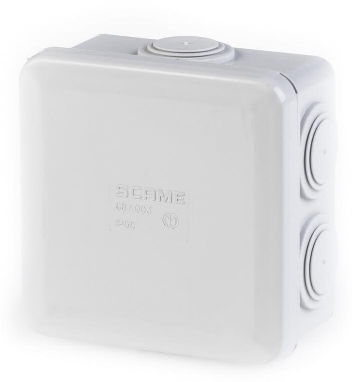 Кутия 150x110x70мм IP55, GW 960°C, кабелни мембрани 7х29мм, затваряне с пластмасов винт, серия Cubik Scame