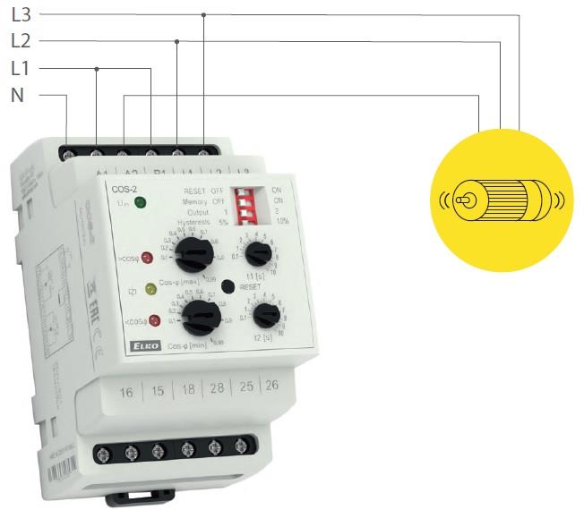 Реле за контрол на фази 3P, фактор на мощността COS φ 0.1-0.99, независими 2c/o 16A, 400Vac, 3DIN, Elko EP
