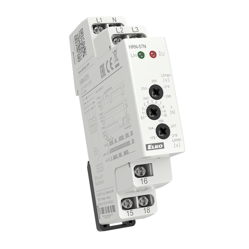 Реле за контрол на напрежение 3P, мин+макс праг, 1c/o 8A, 2VA, 172…287Vac, 1DIN, Elko EP