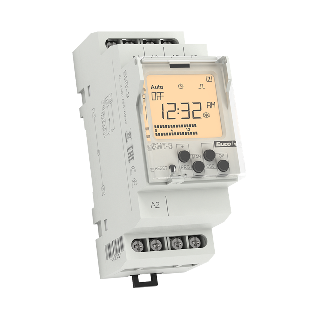 Таймер годишен, цифров с LCD, 1 минута минимален интервал, резерв 3 години, 1c/o 16A, 12...240Vac/dc, 2DIN, Elko EP /изчерпване/
