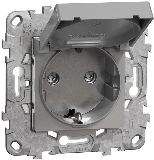 Контакт шуко с капак IP44 с носеща рамка 2 мод. цвят Алуминий Unica SE