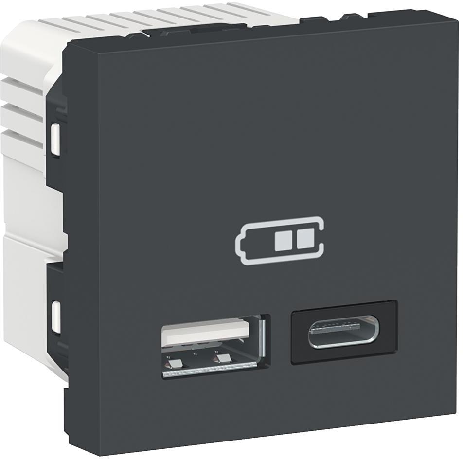 Розетка 2хUSB за зареждане тип A+C 2.4A 12W 2 мод. цвят Антрацит Unica SE