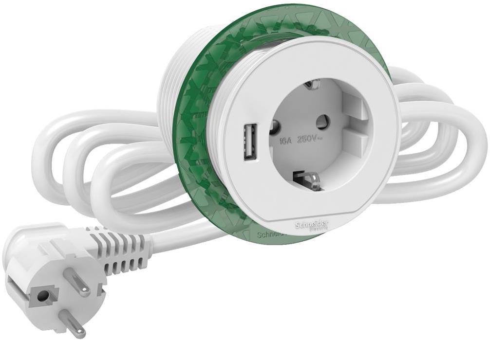 Модул за вграждане в бюро 1х шуко и 1xUSB тип A, кабел 2м, цвят Бял Unica System+ SE