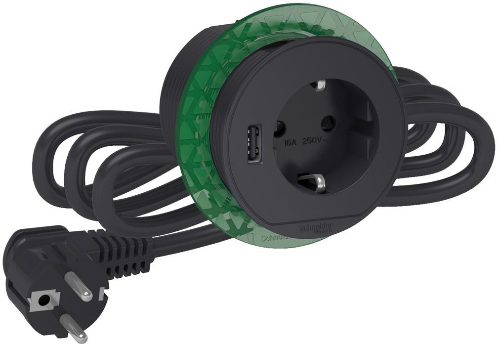 Модул за вграждане в бюро 1х шуко и 1xUSB тип A, кабел 2м, цвят Антрацит Unica System+ SE