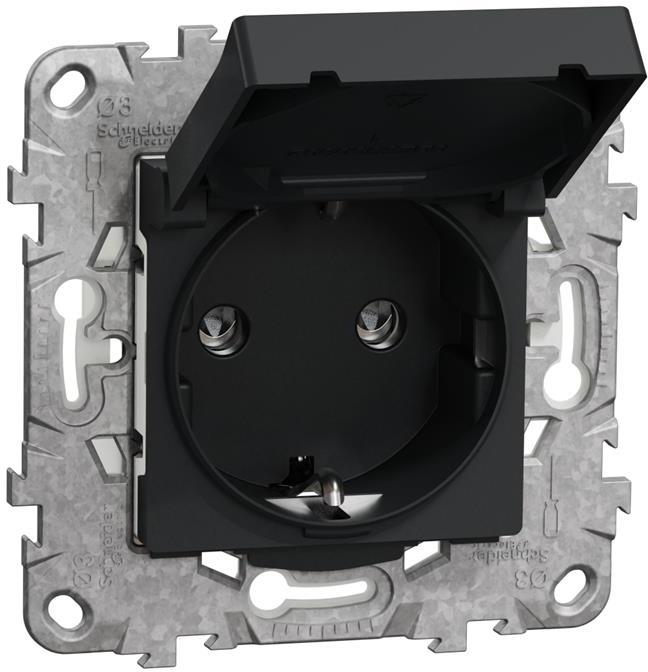 Контакт шуко с капак IP44 с носеща рамка 2 мод. цвят Антрацит Unica SE