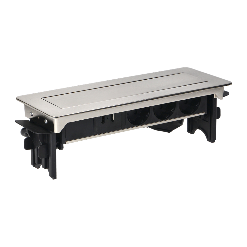 Мебелна кутия Pop-Up, с контакти 3х шуко, 2х USB тип A, кабел 1.8m, 315x114x96mm, цвят НИКЕЛ, ORNO