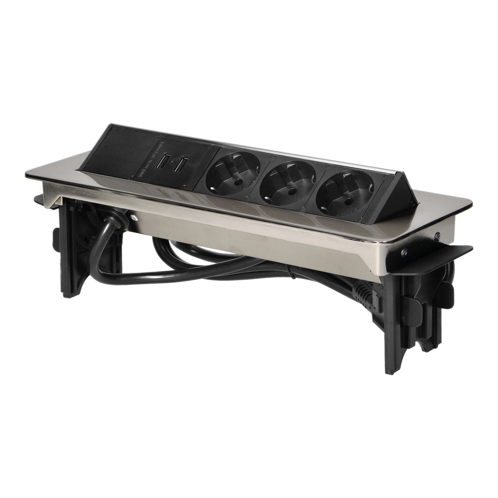 Мебелна кутия Pop-Up, с контакти 3х шуко, 2х USB тип A, кабел 1.8m, 315x114x96mm, цвят НИКЕЛ, ORNO