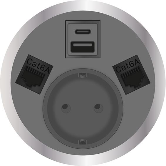Модул Port El с 1х Шуко, USB тип A+C и 2х RJ45 Cat.6A, цвят Сив, ABL
