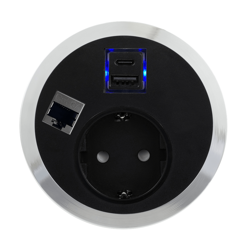 Модул Port El с 1х Шуко, USB тип A+C и 1х RJ45 Cat.6A, цвят Черен, ABL