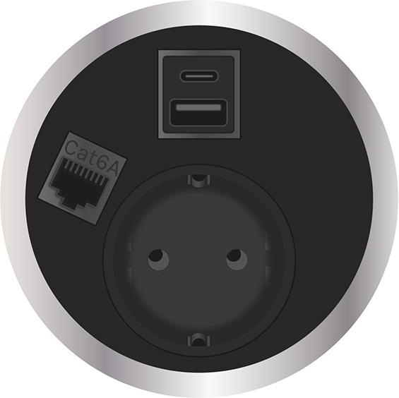Модул Port El с 1х Шуко, USB тип A+C и 1х RJ45 Cat.6A, цвят Черен, ABL