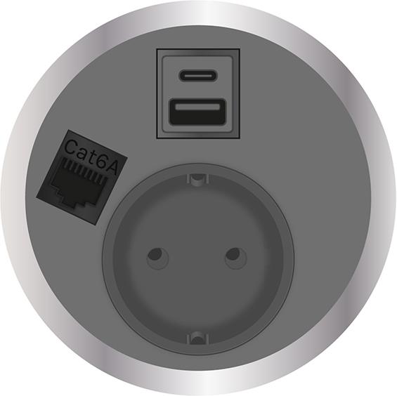 Модул Port El с 1х Шуко, USB тип A+C и 1х RJ45 Cat.6A, цвят Сив, ABL