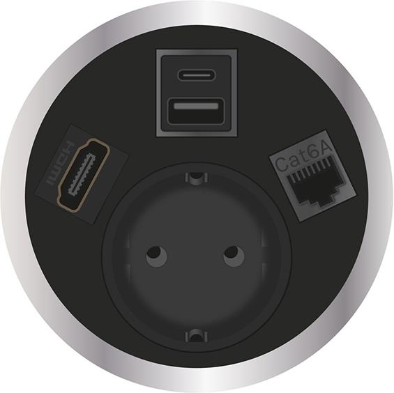 Модул Port El с 1х Шуко, USB тип A+C, RJ45 Cat.6A и HDMI, цвят Черен, ABL