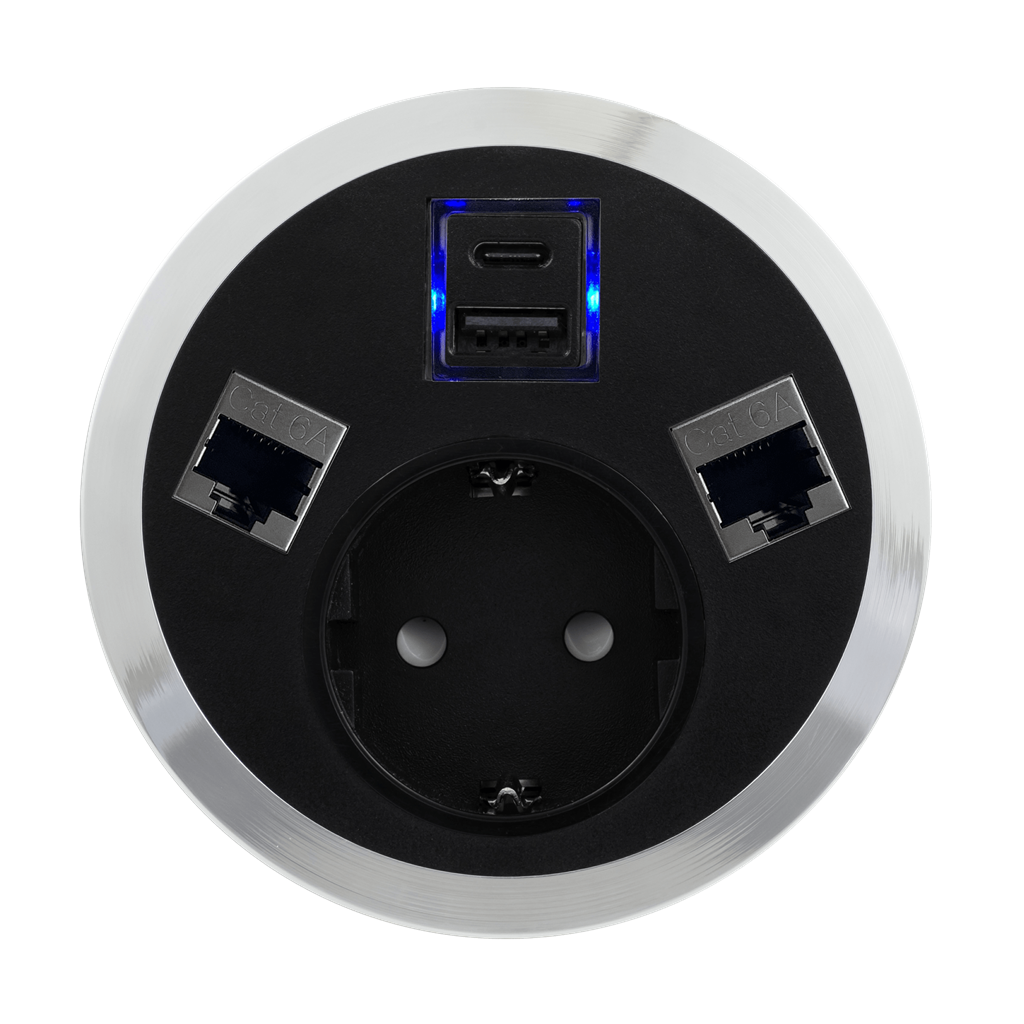 Модул Port El с 1х Шуко, USB тип A+C и 2х RJ45 Cat.6A, цвят Черен, ABL