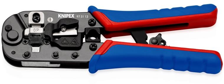 Инструмент за кримпване на RJ45, заголване и рязане, синьо-червена ръкохватка 190мм, с пружина, Knipex
