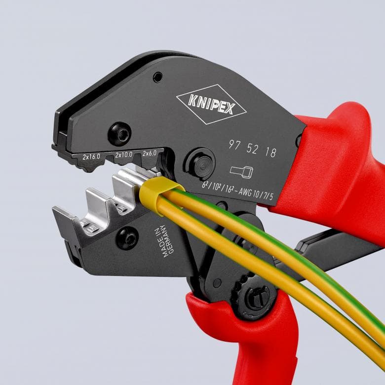 Клещи за кримпване на кабелни накрайници 6-16мм2 двойни изолирани, закалени, синьо-червена ръкохватка 250мм, с пружина, Knipex