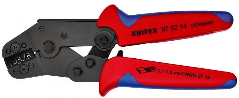 Клещи за кримпване на кабелни накрайници 0.1-1.5мм2 неизолирани, закалени, синьо-червена ръкохватка 195мм, с пружина, Knipex