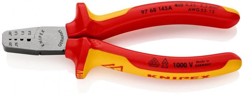 Клещи за кримпване на кабелни накрайници 0.25-2.5мм2, VDE 1000V жълто-червена ръкохватка 145мм, Knipex