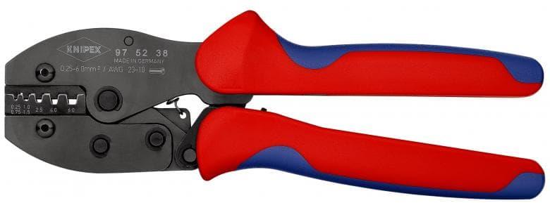 Клещи за кримпване на кабелни накрайници 0.25-6мм2, закалени, синьо-червена ръкохватка 220мм, с пружина, Knipex
