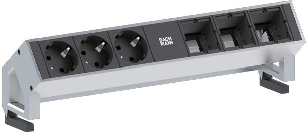 Модул DESK 2 с 3х Шуко и 3х празни модула, цвят Инокс, Bachmann