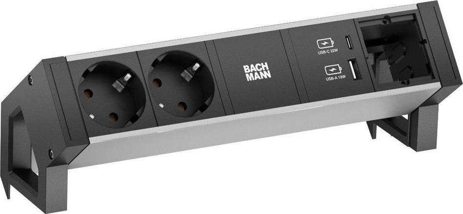 Модул DESK 2 ALU с 2х Шуко, USB тип A+C и 1х празен модул, цвят Черен, Bachmann