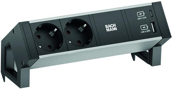 Модул DESK 2 ALU с 2х Шуко и USB тип A+C, цвят Черен, Bachmann