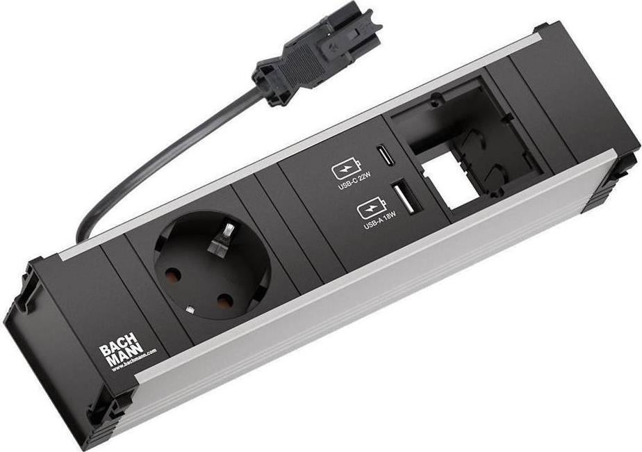 Модул за CONI 3M с 1х Шуко, USB тип A+C и 1х празен модул, цвят Черен, Bachmann