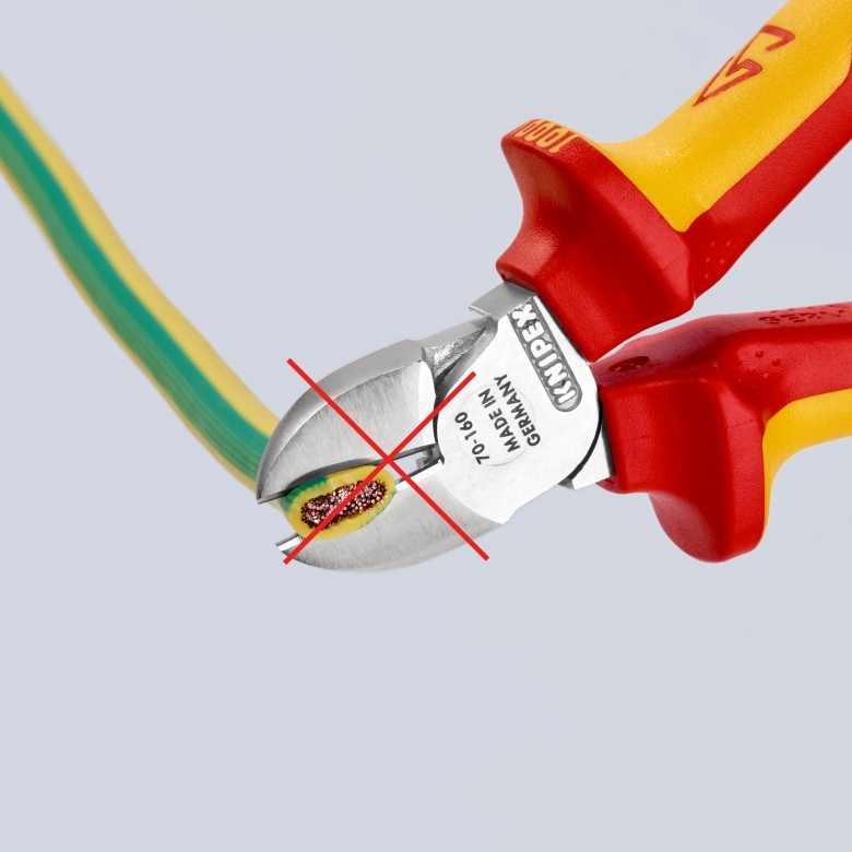 Клещи диагонални резачки, хромирани, VDE 1000V жълто-червена ръкохватка 160мм, Knipex