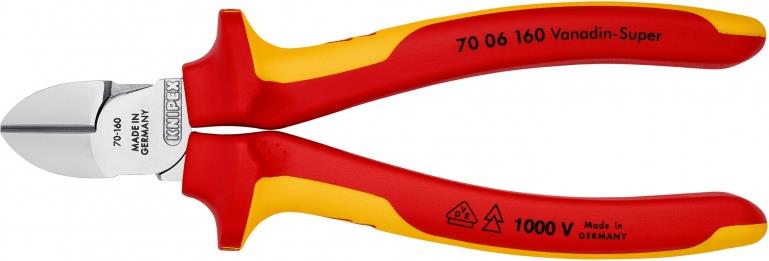 Клещи диагонални резачки, хромирани, VDE 1000V жълто-червена ръкохватка 160мм, Knipex